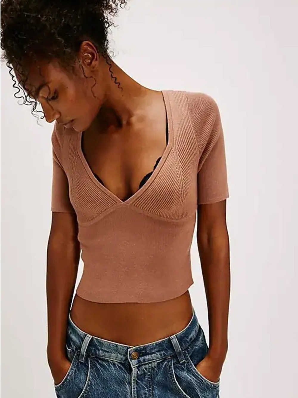 Free People Intimately Teagan Swit Ribbed V-Neck Cropped Knit Top in Tan Boho M